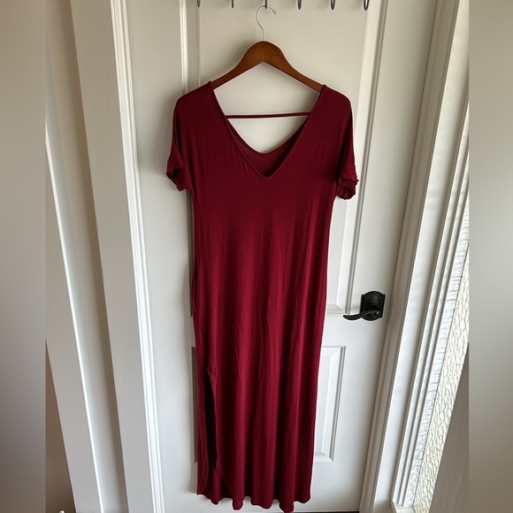 Casual Loose Pocket Long Dress Short Sleeve Split Maxi Dress V-Neck - Picture 8 of 10
